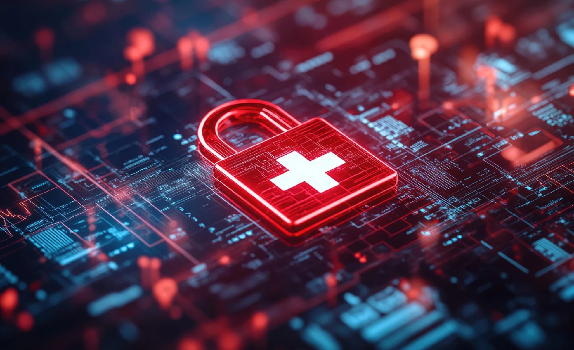 Red padlock with a white medical cross on a digital background, symbolising the secure exchange of health data with openEHR
